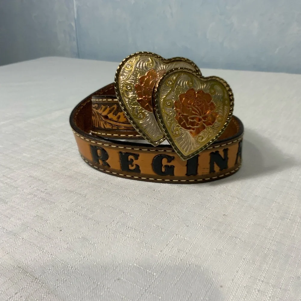 Western Brown Leather Monogrammed “Regina” Belt DBL Heart With Roses Buckle Sm